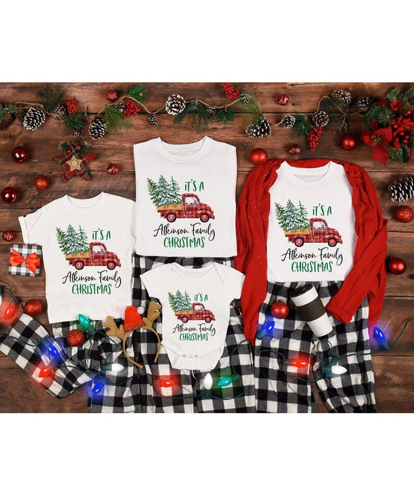 Christmas Matching Family Tshirt, Buffalo Plaid Christmas Truck Printed Shirts, Personalised Family Last Name Xmas Eve Matching Comfy Outfit