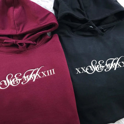 Personalise Embroider Initial Hoodie,1st Anniversary Roman Numeral Date Jumper, Customize Matching Embroidered Hoody, Unique Gift For Couple