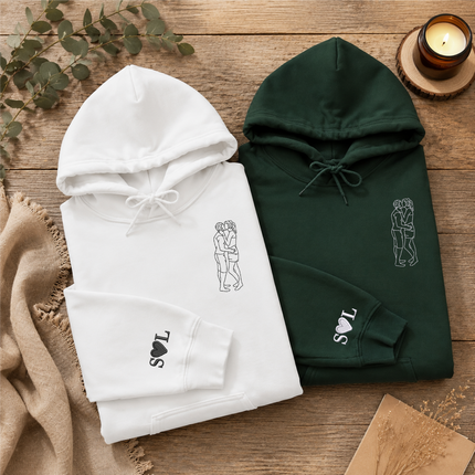 Custom Photo Embroidered Hoodie, Personalised Family Matching Sketch from Photo Unisex Jumper, 1st Anniversary Special Date Initial Outfits