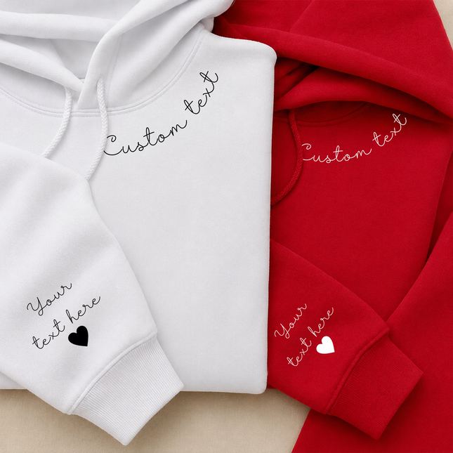 Personalized Hoodies, Custom Names/Text on Neck and Sleeve Hooded Sweatshirt, Halloween Jumper for her, Unisex Hoodies, Gifts for Husband