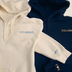 Roman Numeral Hoodie, Embroidered Hoodie, GF BF Couple Matching Sweater, Cotton Anniversary Wedding Special Date Roman Numeral Wifey Jumper