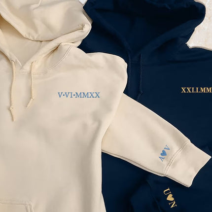Roman Numeral Hoodie, Embroidered Hoodie, GF BF Couple Matching Sweater, Cotton Anniversary Wedding Special Date Roman Numeral Wifey Jumper