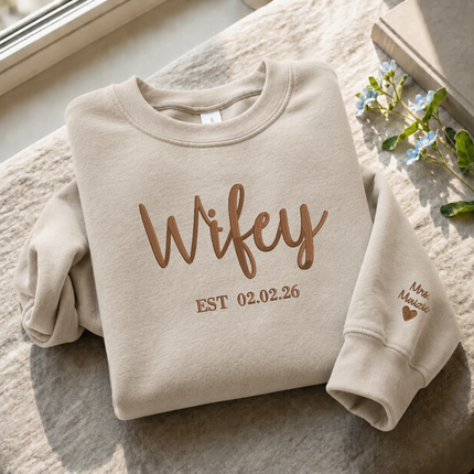 Wifey Sweatshirt, Bride Embroidered Sweater, Personalised Mrs Jumper, Custom Date Bride And Groom Wedding Gift Bachelorette Party Bride Hood