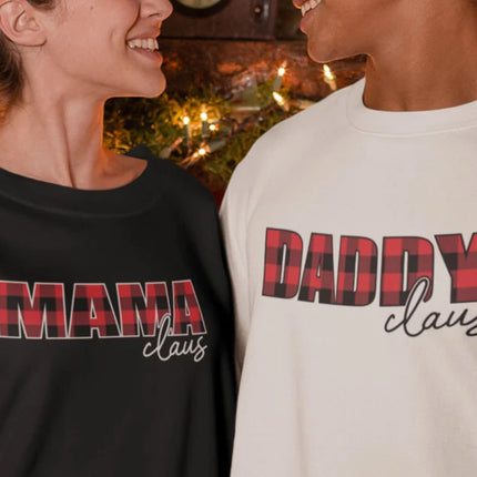 Mama Claus Daddy Claus Christmas Sweatshirt, Christmas Family Matching Sweater, Xmas Buffalo Plaid Printed Crewneck Tops, Christmas Eve Gift