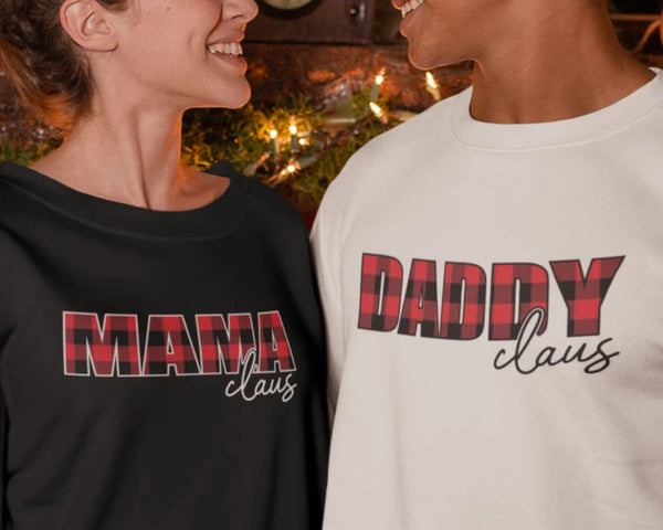 Mama Claus Daddy Claus Christmas Sweatshirt, Christmas Family Matching Sweater, Xmas Buffalo Plaid Printed Crewneck Tops, Christmas Eve Gift