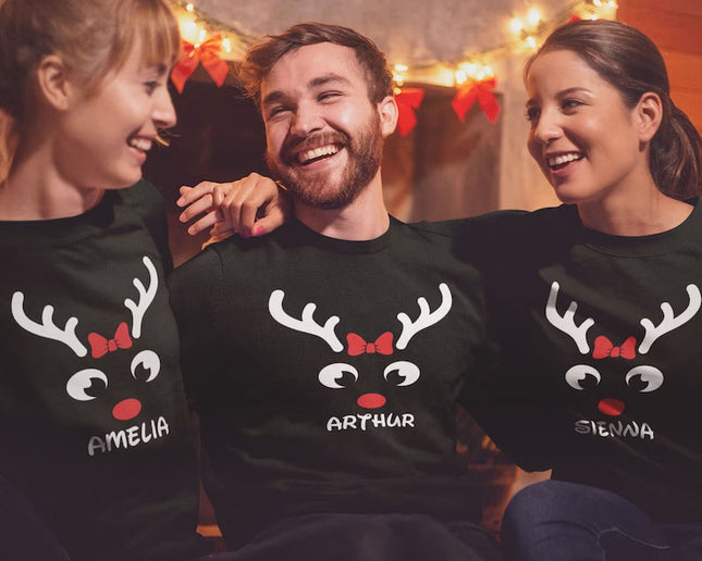 Christmas Reindeer Horns Matching Sweater, Personalised Name Printed Sweatshirt, Custom Family Matching Jumper, Christmas Holiday Outfits
