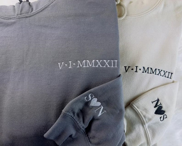 Embroidered Roman Numeral Couple Hoodie, Personalised Matching Anniversary Hoody, Initials GF BF Special Date Pullover Jumper, Fiance Gifts
