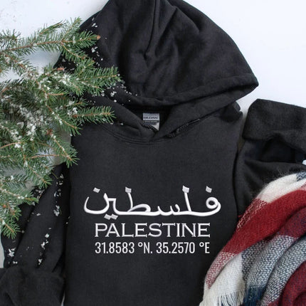 Palestine Hoodie, Embroidered Palestine Coordinates Hooded Sweatshirt, Support Palestine Save Gaza Freedom Jumper, Palestine Protest Tops