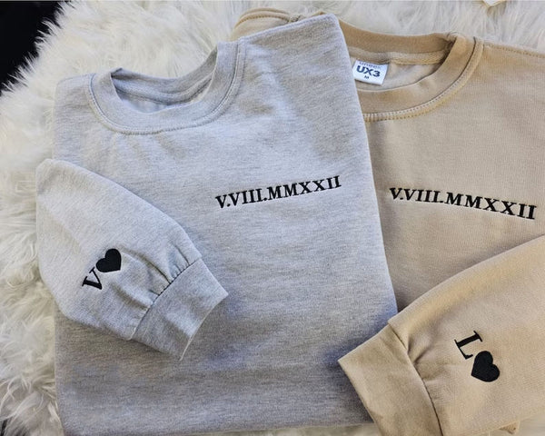 Roman Numeral Embroidered Sweatshirt, Custom Anniversary Couple Matching Sweater, Personalised Initial Matching Fiance Jumper, Soulmate Gift