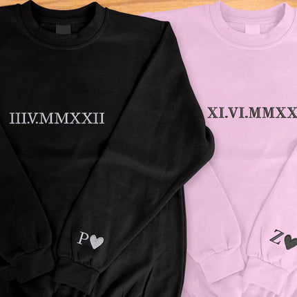 Personalised Anniversary Sweatshirt, Roman Numeral Date Initial Heart Embroidered Sweater, One Year Anniversary Gifts, His and Hers Hoodies