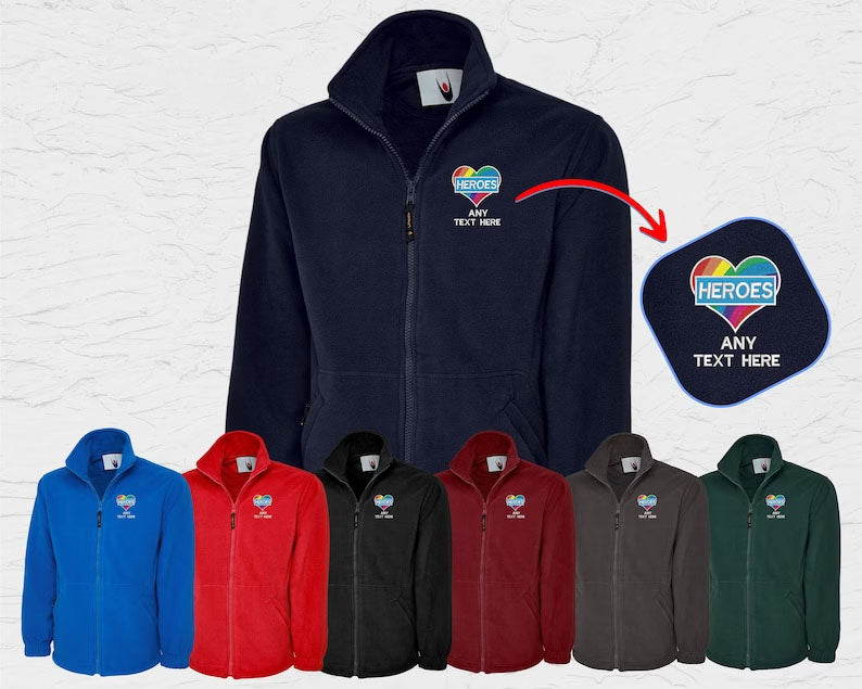 Customised Text Rainbow Heart Fleece Jacket, Personalised Name Embroidered Unisex Zip Jacket, Healthcare National Workers Nurse Doctor Gift