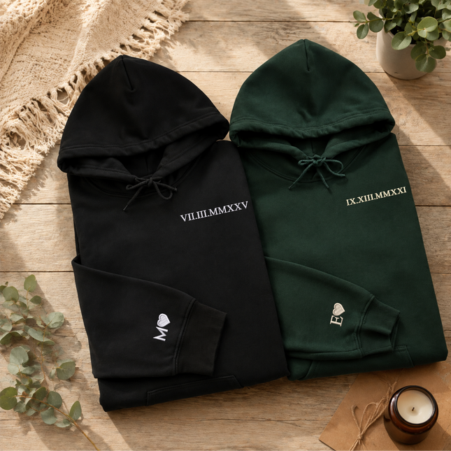 Embroidered Roman Numeral Couple Hoodie, Personalised Matching Anniversary Hoody, Initials GF BF Special Date Pullover Jumper, Fiance Gifts