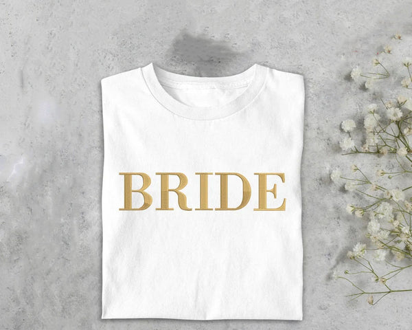Custom Embroidered Bride T-Shirt, Bride To Be Shirt Bachelorette Couple Matching Bridal Party Engagement Mrs Wedding Gift Comfort Colors Tee