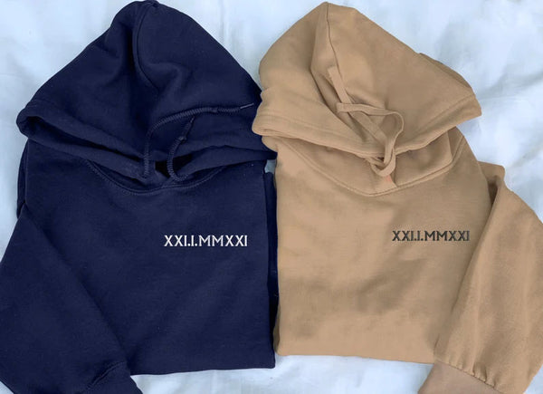 Roman Numerals Hoodie, Wedding 1 Year Anniversary Date Embroidered Sweatshirt, Personalised His and Hers Hoodies, Matching Best Friend Gifts
