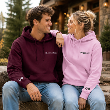 Roman Numerals Hoodie, Wedding 1 Year Anniversary Date Embroidered Sweatshirt, Personalised His and Hers Hoodies, Matching Best Friend Gifts