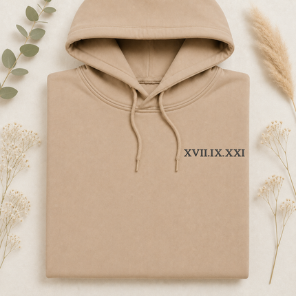 One Year Anniversary Roman Numeral Hoodie, Custom Wedding Date Embroidered Wifey Jumper, 7th Anniversary Gift Couple Matching Sweatshirt