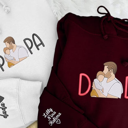 Custom Sketch Embroidered Photo Hoodie, Personalised Faceless Portrait Sketch Sweatshirt, Daddy Matching Portrait Jumper, Christmas Dad Gift