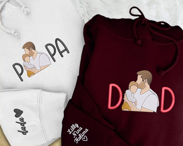Custom Sketch Embroidered Photo Hoodie, Personalised Faceless Portrait Sketch Sweatshirt, Daddy Matching Portrait Jumper, Christmas Dad Gift