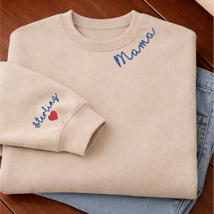 Embroidered Mama Crewneck Sweatshirt, Personalised Text Matching Mom Hoody, Custom Mum Jumper With Initial Heart, Mother Day Gift Womens Top