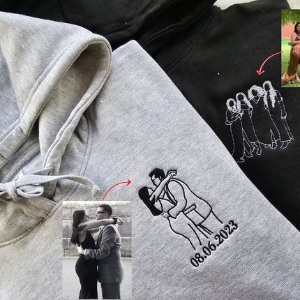 Custom Photo Embroidered Hoodie, Personalised Family Matching Sketch from Photo Unisex Jumper, 1st Anniversary Special Date Initial Outfits