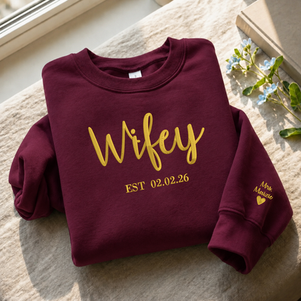 Wifey Sweatshirt, Bride Embroidered Sweater, Personalised Mrs Jumper, Custom Date Bride And Groom Wedding Gift Bachelorette Party Bride Hood