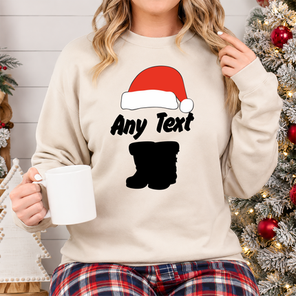 Custom Any Text Christmas Sweatshirt, Christmas Santa Hat & Shoes Printed Sweater, Xmas Eve Matching Jumper, Personalised Christmas Outfits