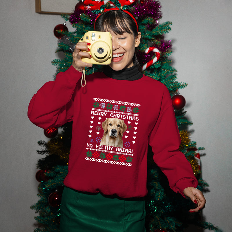 Personalised Photo Christmas Ugly Sweatshirt, Custom Dog Photo Xmas Printed Sweater, Ya Filthy Animal Dog Jumper, Funny Dog Lovers Xmas Gift