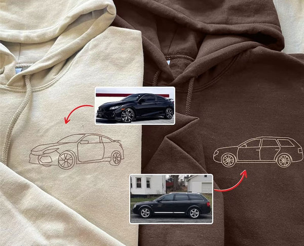 Custom Car Embroidered Photo Hoodie, Outline Car Portrait from Photo Jumper, Personalised Sketch Couples Hoody, Memorial Car Lover Guy Gift