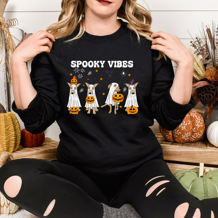 Retro Halloween Dogs Sweatshirt, Spooky Vibes Printed Sweater, Cure Halloween Ghost Dogs Jumper, Dog Lover Gifts, Gothic Dogs Halloween Tops