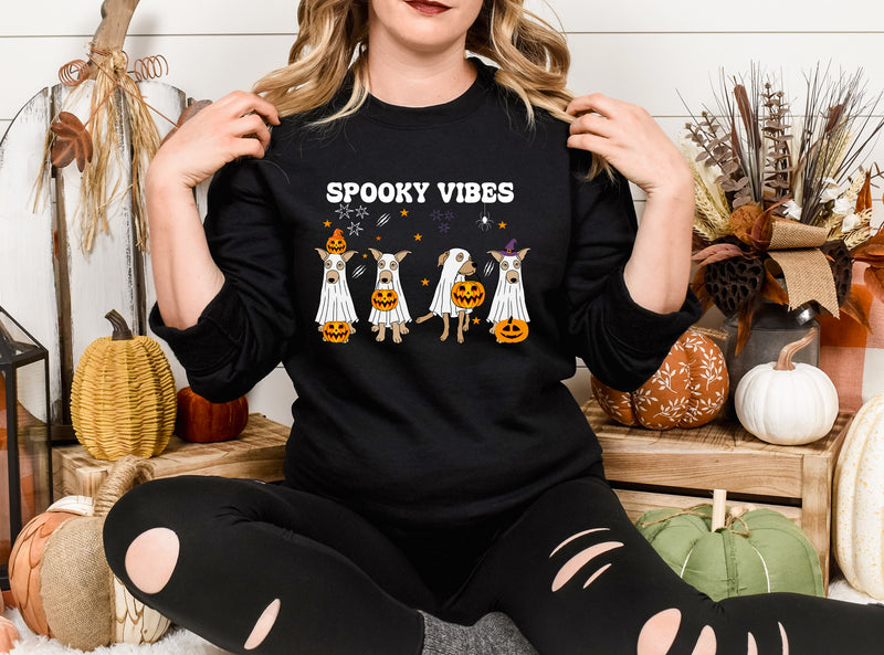 Retro Halloween Dogs Sweatshirt, Spooky Vibes Printed Sweater, Cure Halloween Ghost Dogs Jumper, Dog Lover Gifts, Gothic Dogs Halloween Tops