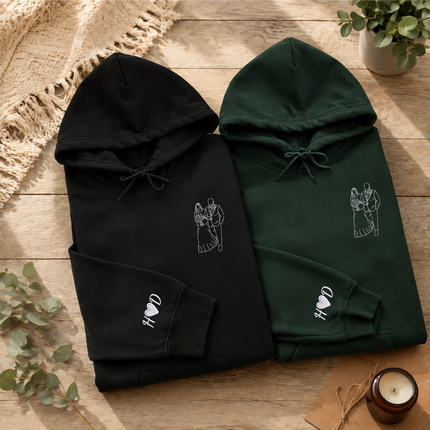 Custom Photo Embroidered Hoodie, Personalised Family Matching Sketch from Photo Unisex Jumper, 1st Anniversary Special Date Initial Outfits