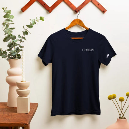 Custom Special Date Anniversary T Shirt, Roman Numeral Embroidered T Shirt, Personalised One Year Dating Gift For Couple Off White Tee Shirt