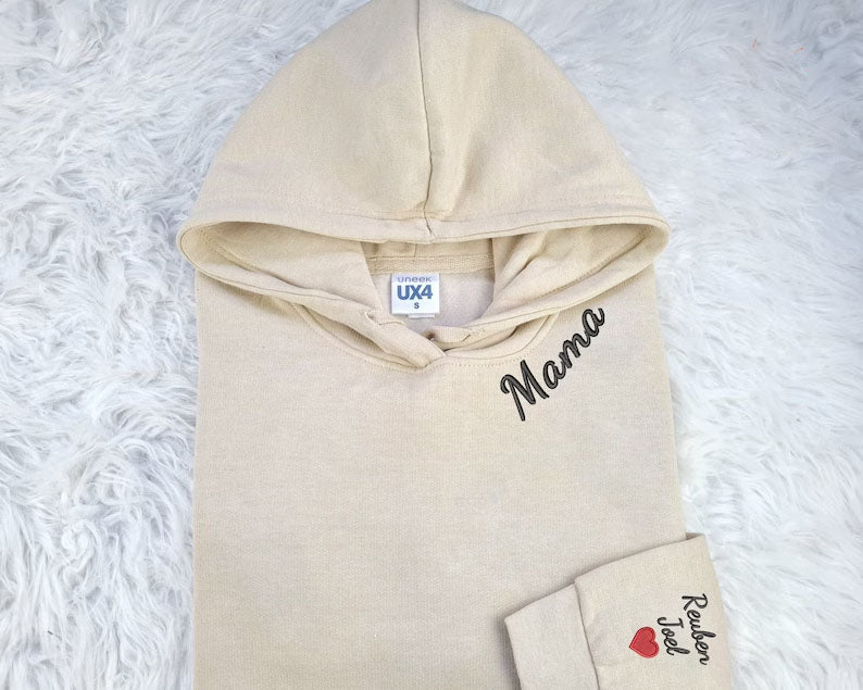 Embroidered Mama Hoodie, Custom Collar and Sleeve Embroidered Hoodie, Gifts for Grandmother Mum Jumper, Mother’s Day Gift Initials Hoodie