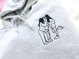 Custom Photo Embroidered Hoodie, Personalised Couple Sketch from Photo Unisex Hoodie, 1st Anniversary Special Date Initial Matching Jumper