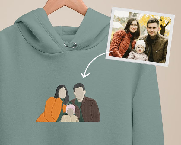 Embroidered By Photo Family Sketch Matching Hoody, Personalised One Year Anniversary Mrs Sweatshirt, Pet Portrait GF BF Memorial Date Gifts
