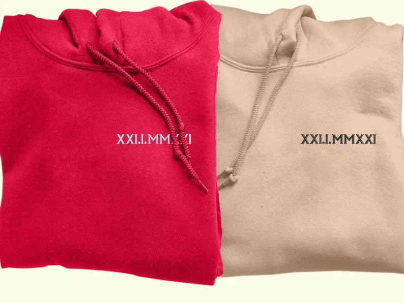 One Year Anniversary Roman Numeral Hoodie, Custom Wedding Date Embroidered Wifey Jumper, 7th Anniversary Gift Couple Matching Sweatshirt