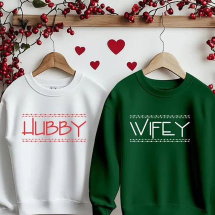 Valentines Wifey Hubby Sweatshirts, Couple Matching Valentines Day Printed Jumpers, Mr And Mrs Memorial Crewnecks, Newlyed Valentine's Gifts