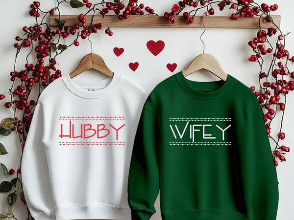 Valentines Wifey Hubby Sweatshirts, Couple Matching Valentines Day Printed Jumpers, Mr And Mrs Memorial Crewnecks, Newlyed Valentine's Gifts