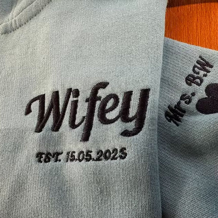 Wifey Embroidered Initial Zip Up Hoodie, Bride Sweater, Personalised Mrs Maid of Honour Hubby Jumper Bride and Groom Bachelorette Party Gift