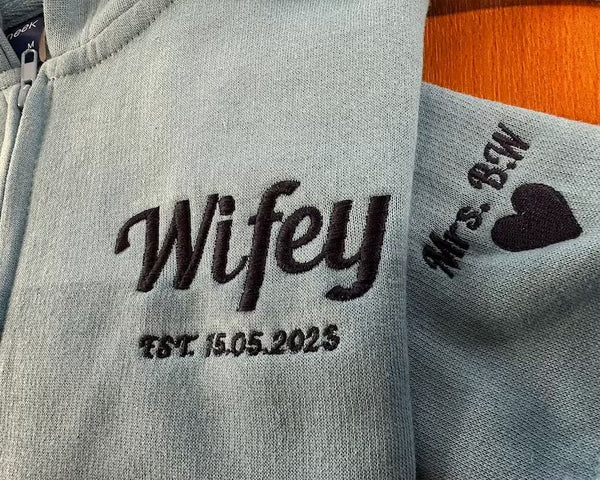 Wifey Embroidered Initial Zip Up Hoodie, Bride Sweater, Personalised Mrs Maid of Honour Hubby Jumper Bride and Groom Bachelorette Party Gift