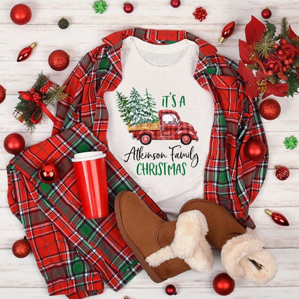 Christmas Matching Family Tshirt, Buffalo Plaid Christmas Truck Printed Shirts, Personalised Family Last Name Xmas Eve Matching Comfy Outfit