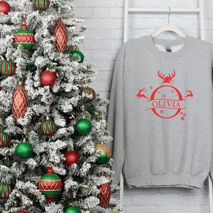 Custom Initial Christmas Sweatshirt, Custom Name Reindeer Horns Xmas Sweater, Personalise Family Matching Jumper, Christmas Couple Eve Gifts