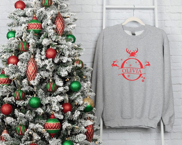 Custom Initial Christmas Sweatshirt, Custom Name Reindeer Horns Xmas Sweater, Personalise Family Matching Jumper, Christmas Couple Eve Gifts