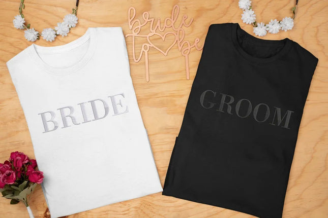 Custom Embroidered Bride T-Shirt, Bride To Be Shirt Bachelorette Couple Matching Bridal Party Engagement Mrs Wedding Gift Comfort Colors Tee