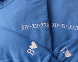 Personalised Roman Numeral Matching Hoodie, Embroidered Anniversary Couple Matching Jumper, Custom Initial Pullover Sweater, Gift for GF BF