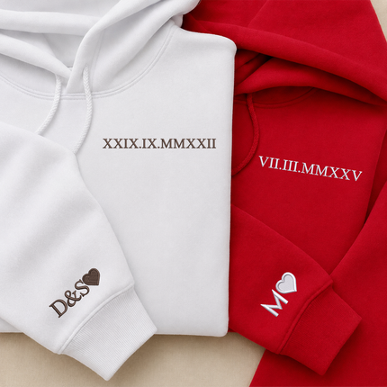 Roman Numerals Hoodie, Wedding 1 Year Anniversary Date Embroidered Sweatshirt, Personalised His and Hers Hoodies, Matching Best Friend Gifts