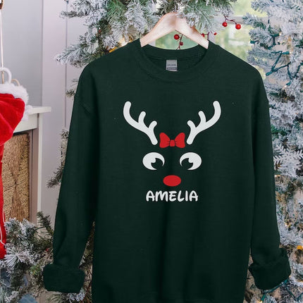 Christmas Reindeer Horns Matching Sweater, Personalised Name Printed Sweatshirt, Custom Family Matching Jumper, Christmas Holiday Outfits
