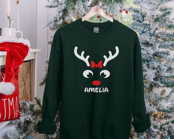 Christmas Reindeer Horns Matching Sweater, Personalised Name Printed Sweatshirt, Custom Family Matching Jumper, Christmas Holiday Outfits