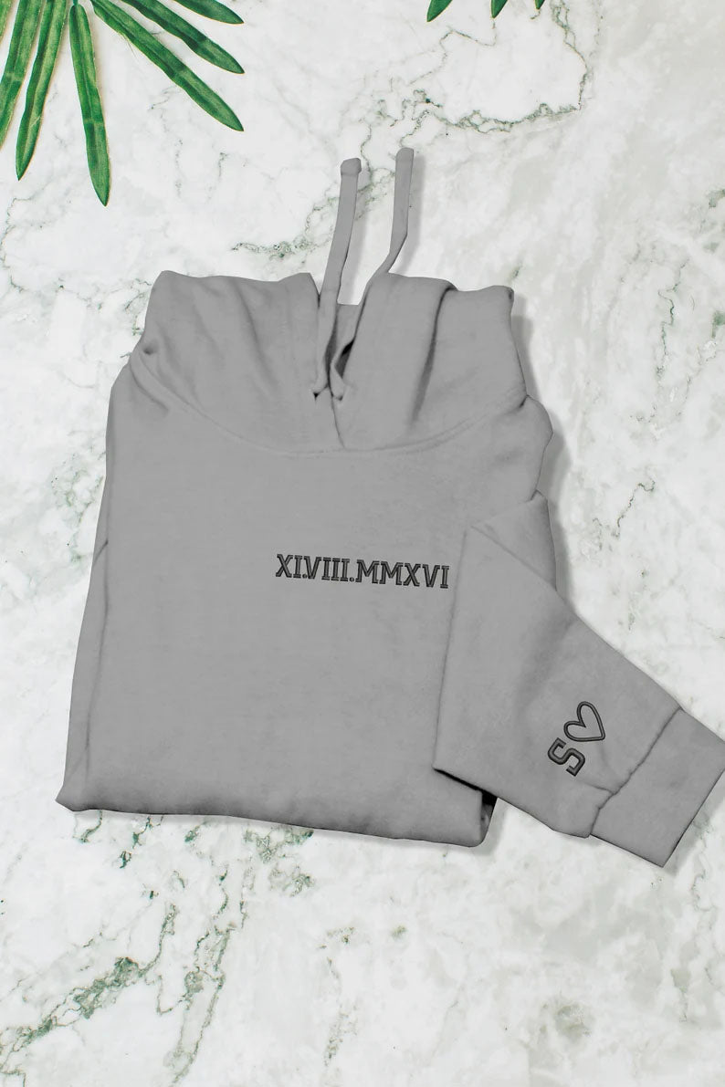 Roman Numerals Hoodie, Wedding 1 Year Anniversary Date Embroidered Sweatshirt, Personalised His and Hers Hoodies, Matching Best Friend Gifts