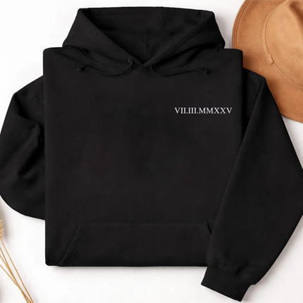 One Year Anniversary Roman Numeral Hoodie, Custom Wedding Date Embroidered Wifey Jumper, 7th Anniversary Gift Couple Matching Sweatshirt